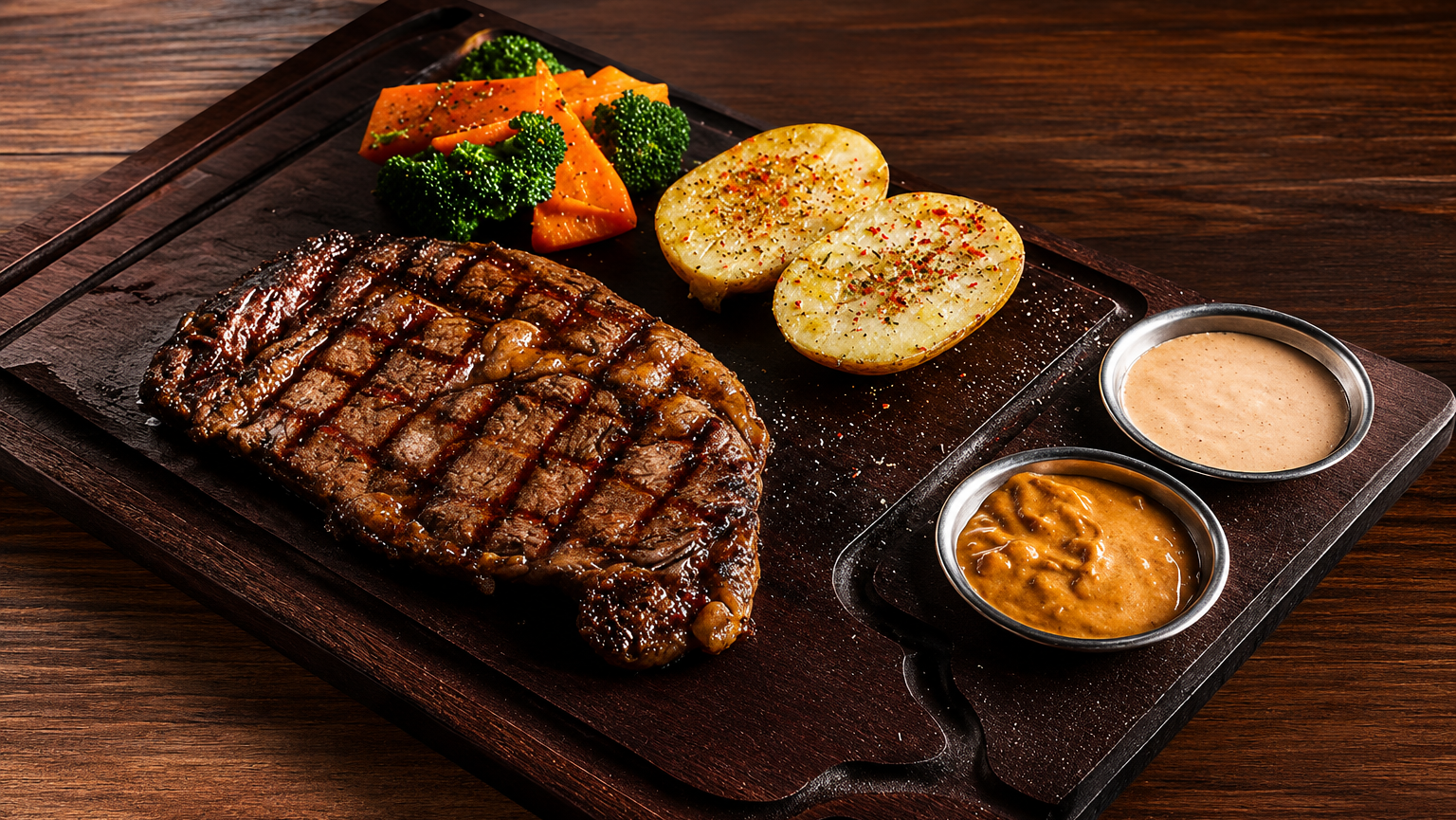 Premium grilled ribeye steak served on a rustic wooden board with roasted potatoes, fresh broccoli, carrots, and creamy dipping sauces, captured in high-quality food photography.