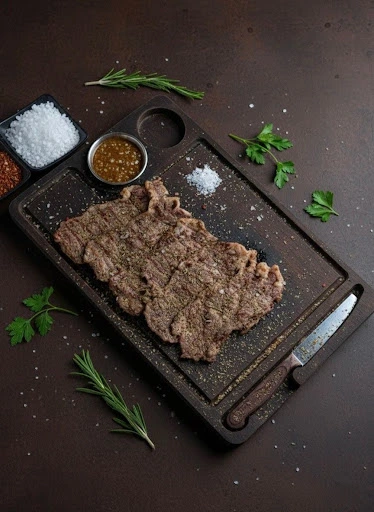Seasoned grilled striploin steaks arranged on a dark wooden cutting board with coarse salt and fresh herbs.