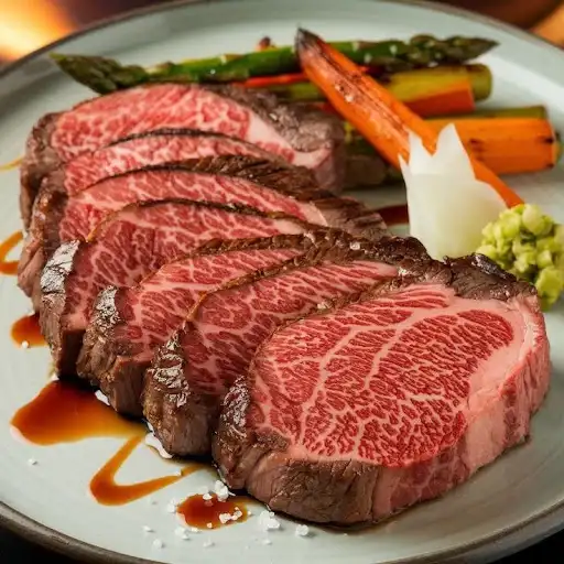 Slices of premium Wagyu beef steak, prepared rare to medium-rare, served with roasted vegetables and a side of wasabi.
