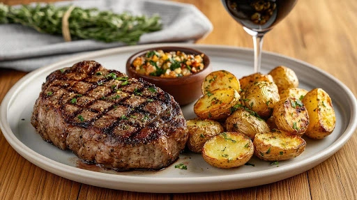 Grilled steak served with crispy roasted baby potatoes and a bowl of herb topping, a classic steak side dish pairing