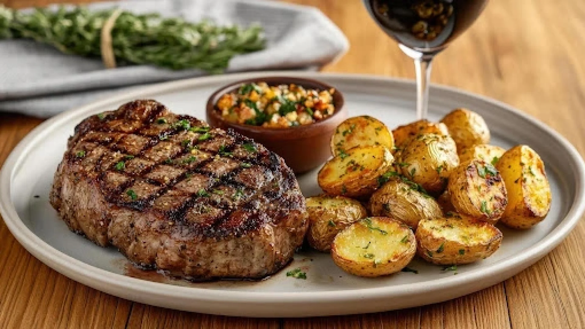 Grilled steak served with crispy roasted baby potatoes and a bowl of herb topping, a classic steak side dish pairing